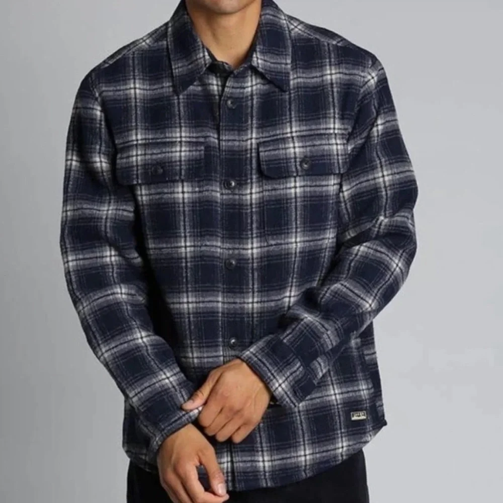 JACHS Men's Plaid Thick Quilted Blue Shirt Jacket Wool Blend Lumberjack Layering
